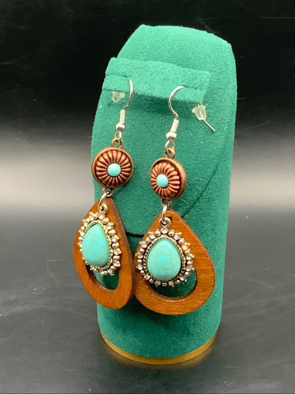 Turquoise Teardrop Wood & Metal Dangle Earrings